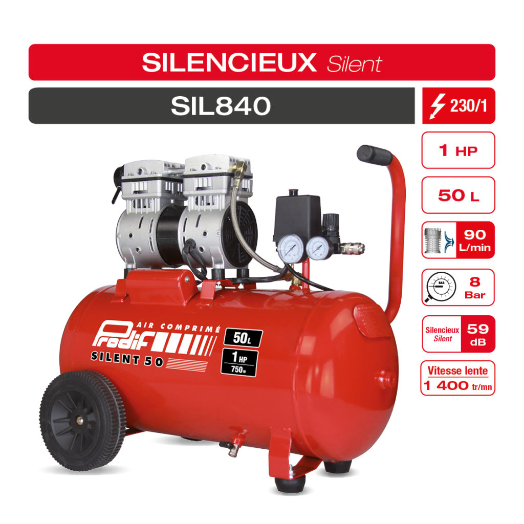 Compresseur air mobile silencieux PRODIF SIL860V de 40 L - 10,2 m³/h